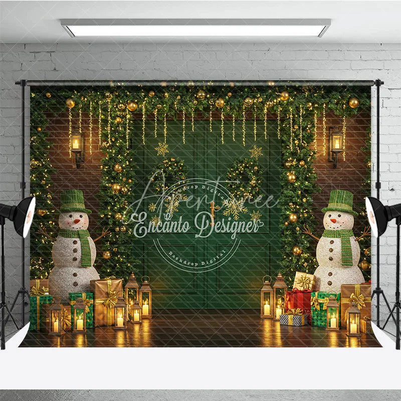 Aperturee - Aperturee Christmas Green Door with Snowmen Combo Set Backdrop Rustic Wood Floor Holiday Mini Session Photo Background