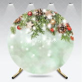Aperturee - Aperturee Christmas Green Pine Branches and Red Berries Round Backdrop Gold Stars Snowy Winter Holiday Decor
