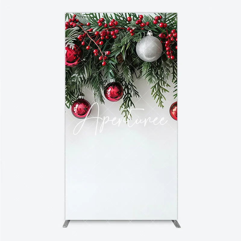 Aperturee - Aperturee Christmas Green Pine Red Berry Rectangle Arch Backdrop Silver Ornaments Festive Holiday Decor