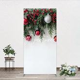 Aperturee - Aperturee Christmas Green Pine Red Berry Rectangle Arch Backdrop Silver Ornaments Festive Holiday Decor