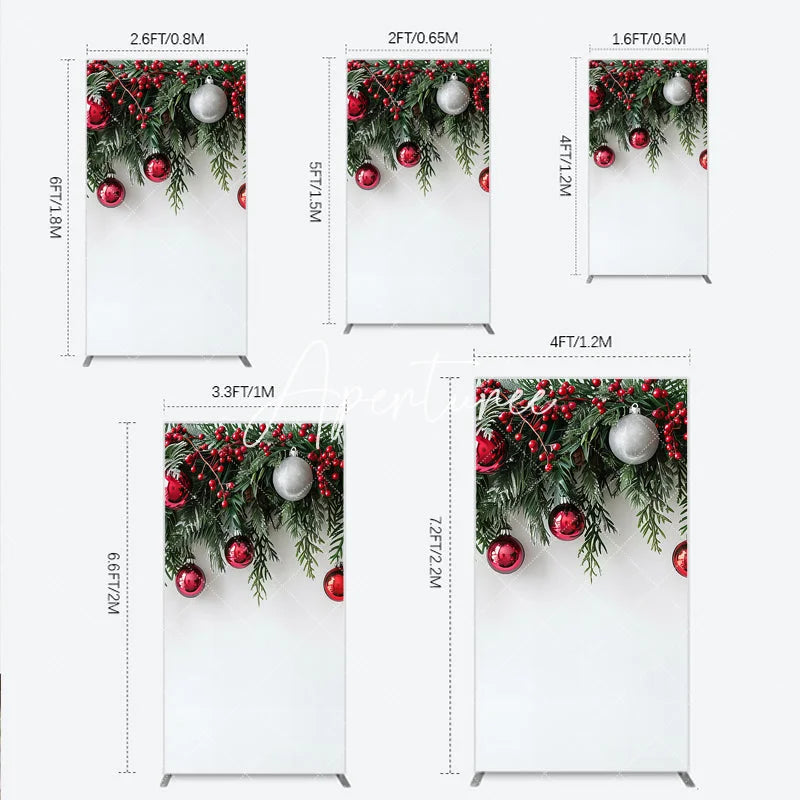 Aperturee - Aperturee Christmas Green Pine Red Berry Rectangle Arch Backdrop Silver Ornaments Festive Holiday Decor