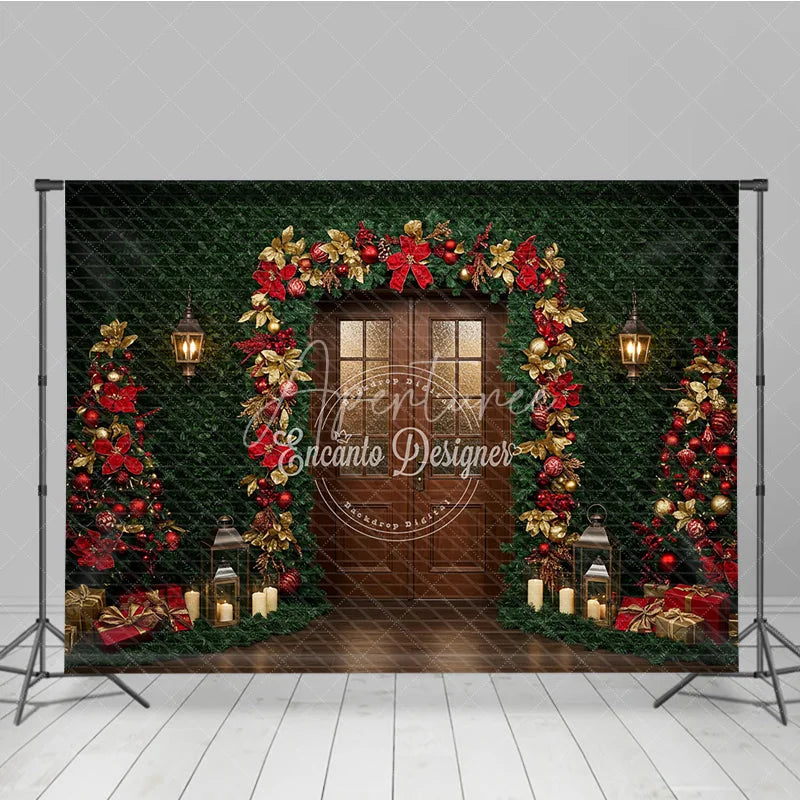 Aperturee - Aperturee Christmas Greenery Wall Photography Backdrop Wood Door with Red and Gold Poinsettia Holiday Photo Background