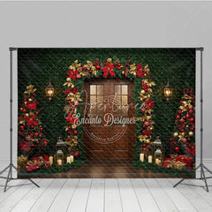 Aperturee - Aperturee Christmas Greenery Wall Photography Backdrop Wood Door with Red and Gold Poinsettia Holiday Photo Background