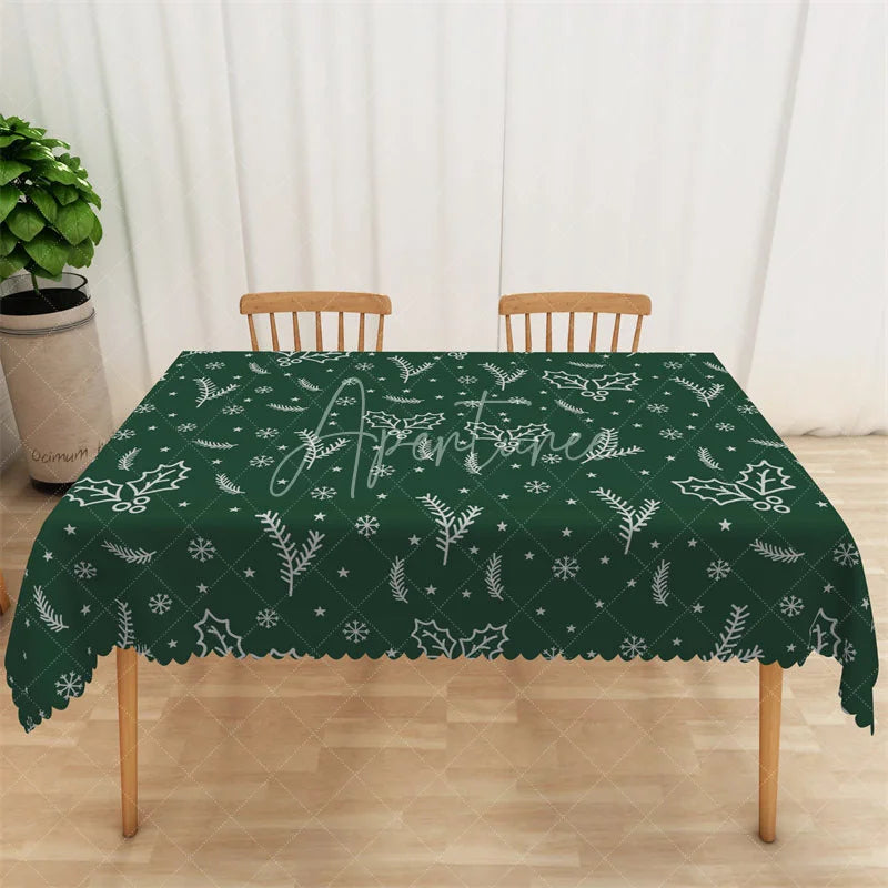 Aperturee - Aperturee Christmas Holly Rectangle Tablecloth Green with White Snowflakes Winter Holiday Table Cover Decor