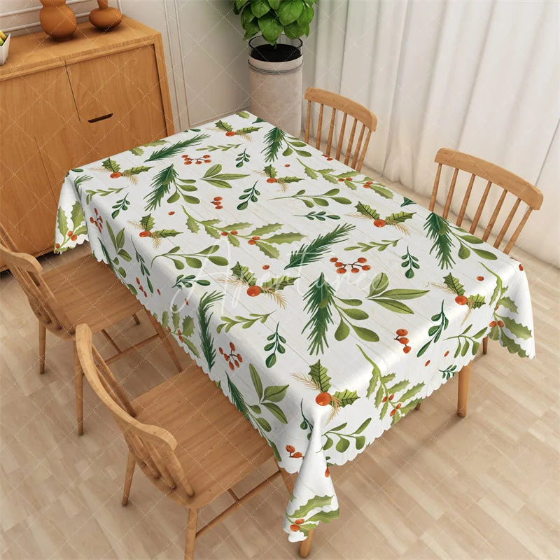 Aperturee - Aperturee Christmas Holly Rectangle Tablecloth White Woodgrain with Pine Branch Farmhouse Holiday Table Cover