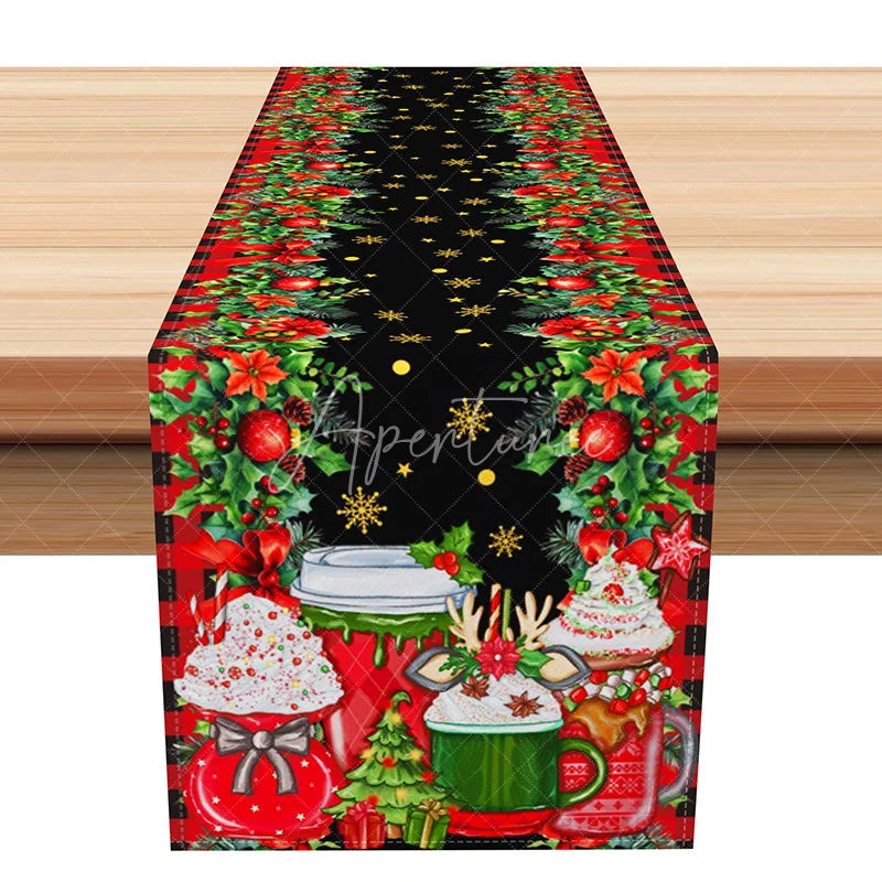 Aperturee - Aperturee Christmas Hot Cocoa Mugs Table Runner Reindeer and Whipped Cream Fun Black Holiday Table Decor