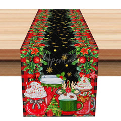 Aperturee - Aperturee Christmas Hot Cocoa Mugs Table Runner Reindeer and Whipped Cream Fun Black Holiday Table Decor