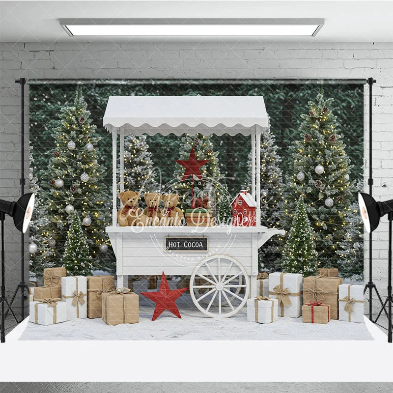 Aperturee - Aperturee Christmas Hot Cocoa Stand Combo Set Backdrop White Cart with Teddy Bears Snowy Cloud Floor for Mini Sessions