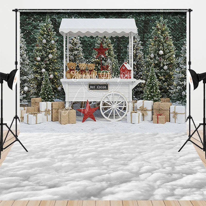 Aperturee - Aperturee Christmas Hot Cocoa Stand Combo Set Backdrop White Cart with Teddy Bears Snowy Cloud Floor for Mini Sessions