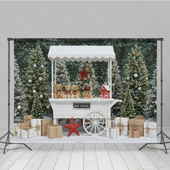 Aperturee - Aperturee Christmas Hot Cocoa Stand Photography Backdrop White Cart in Snowy Trees Winter Holiday Mini Session Background