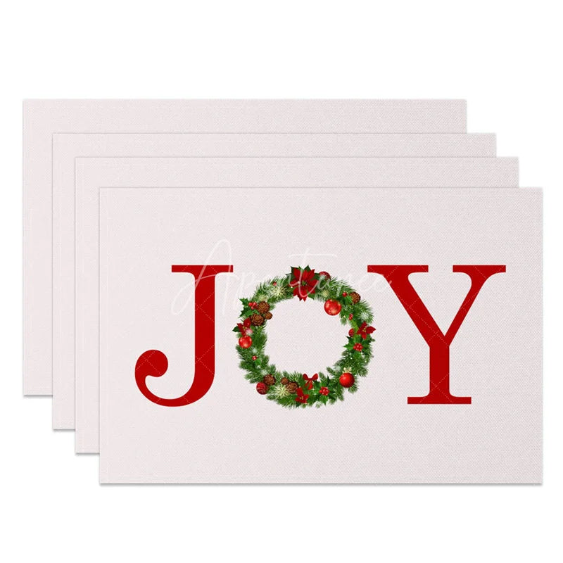 Aperturee - Aperturee Christmas Joy Set of 4 Placemats Holiday Wreath Design Elegant Red and Green Winter Table Mats