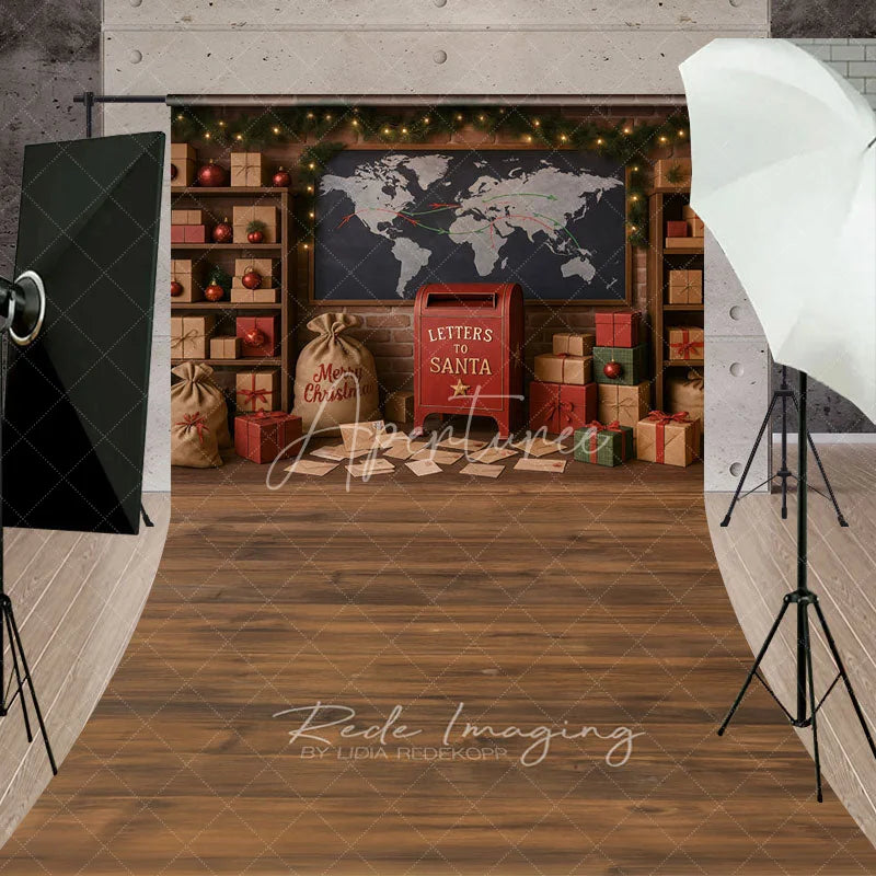 Aperturee - Aperturee Christmas Mailroom Sweep Backdrop Santa’s Workshop with Letters and Packages Holiday Photo Studio Floor Drop