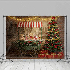 Aperturee - Aperturee Christmas Market Cart Photography Backdrop Teddy Bears and String Lights Rustic Holiday Mini Session Background