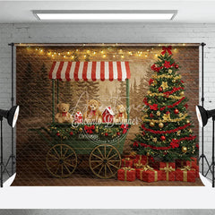 Aperturee - Aperturee Christmas Market Cart Photography Backdrop Teddy Bears and String Lights Rustic Holiday Mini Session Background