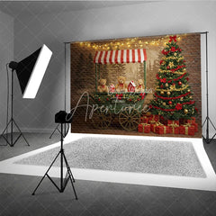 Aperturee - Aperturee Christmas Market Cart Photography Backdrop Teddy Bears and String Lights Rustic Holiday Mini Session Background
