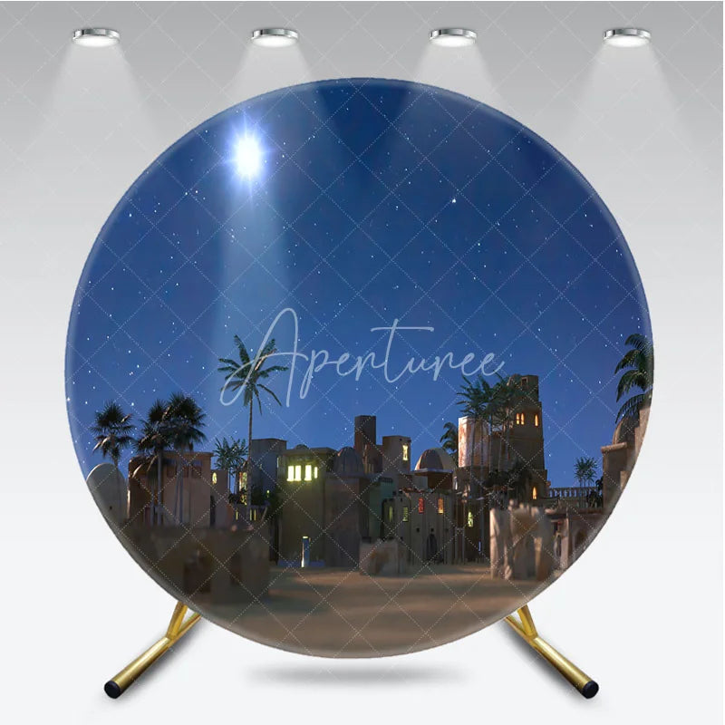 Aperturee - Aperturee Christmas Nativity Scene Round Backdrop Silent Night Holy Night Decoration Religious Starry Background