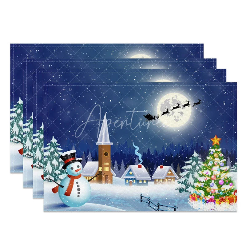 Aperturee - Aperturee Christmas Night Set of 4 Placemats Snowy Village with Snowman Santa Sleigh Winter Scene Table Mats