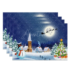 Aperturee - Aperturee Christmas Night Set of 4 Placemats Snowy Village with Snowman Santa Sleigh Winter Scene Table Mats