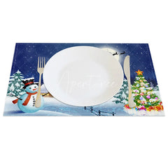 Aperturee - Aperturee Christmas Night Set of 4 Placemats Snowy Village with Snowman Santa Sleigh Winter Scene Table Mats