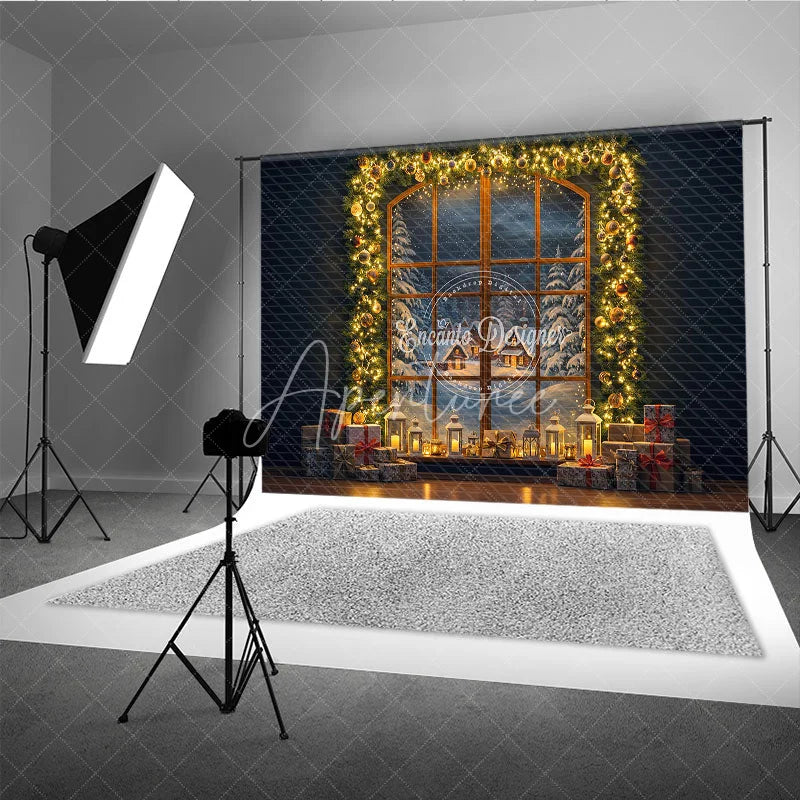 Aperturee - Aperturee Christmas Night Window Photography Backdrop Snowy Village View with Garland Cozy Holiday Mini Session Background