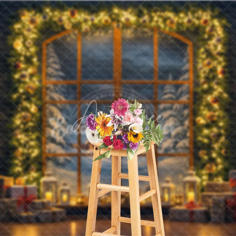 Aperturee - Aperturee Christmas Night Window Photography Backdrop Snowy Village View with Garland Cozy Holiday Mini Session Background
