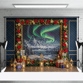Aperturee - Aperturee Christmas Northern Lights Photography Backdrop Aurora Borealis Painting with Poinsettias Holiday Photo Background
