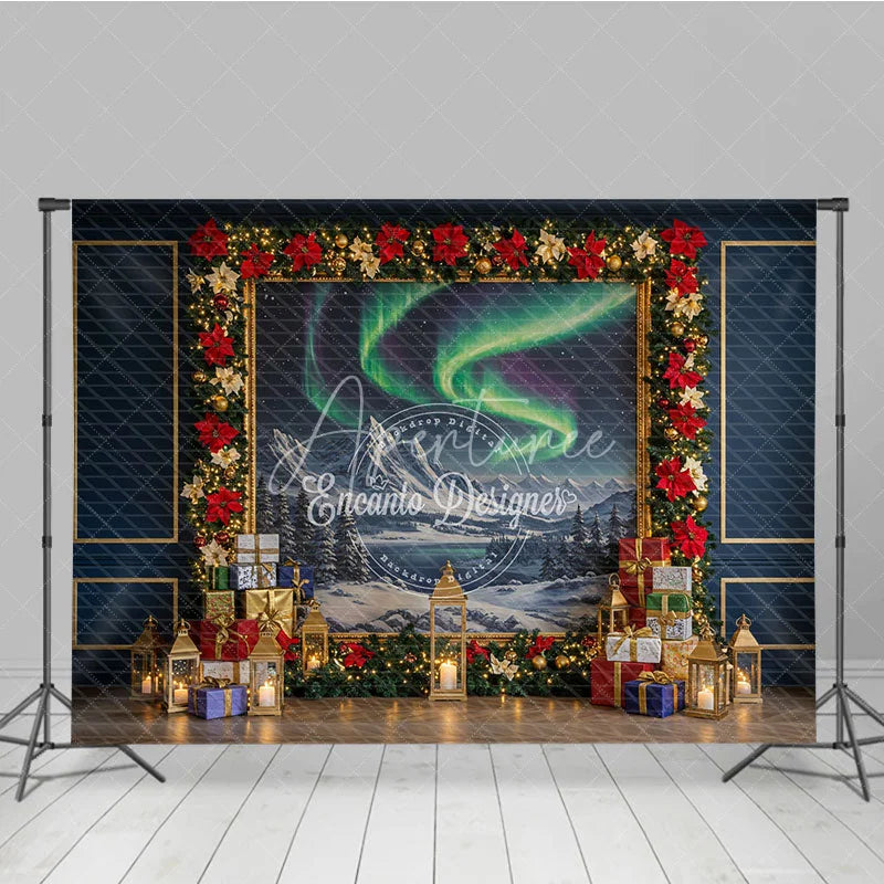 Aperturee - Aperturee Christmas Northern Lights Photography Backdrop Aurora Borealis Painting with Poinsettias Holiday Photo Background