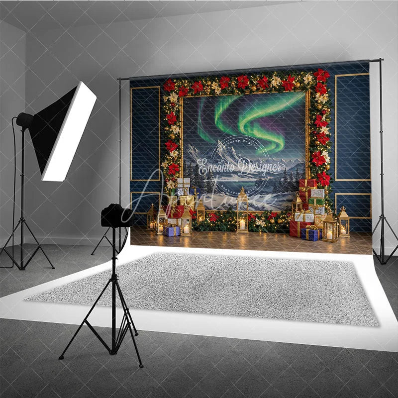 Aperturee - Aperturee Christmas Northern Lights Photography Backdrop Aurora Borealis Painting with Poinsettias Holiday Photo Background