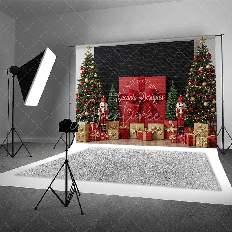 Aperturee - Aperturee Christmas Nutcracker Photography Backdrop Giant Red Present with Trees Holiday Mini Session Background