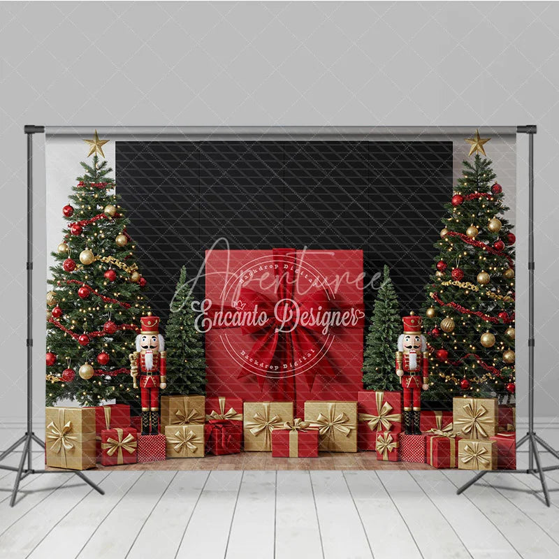 Aperturee - Aperturee Christmas Nutcracker Photography Backdrop Giant Red Present with Trees Holiday Mini Session Background