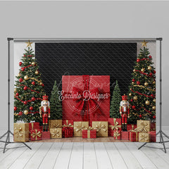 Aperturee - Aperturee Christmas Nutcracker Photography Backdrop Giant Red Present with Trees Holiday Mini Session Background