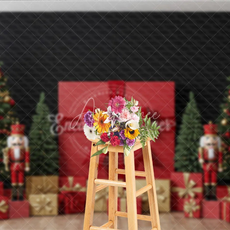 Aperturee - Aperturee Christmas Nutcracker Photography Backdrop Giant Red Present with Trees Holiday Mini Session Background