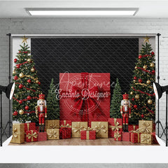 Aperturee - Aperturee Christmas Nutcracker Photography Backdrop Giant Red Present with Trees Holiday Mini Session Background