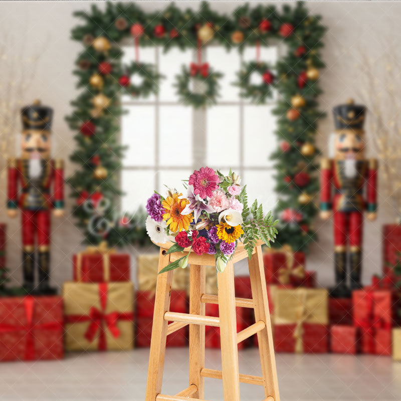 Aperturee - Aperturee Christmas Nutcracker Photography Backdrop Toy Soldiers with Trees and Presents Holiday Mini Session Background