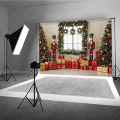 Aperturee - Aperturee Christmas Nutcracker Photography Backdrop Toy Soldiers with Trees and Presents Holiday Mini Session Background