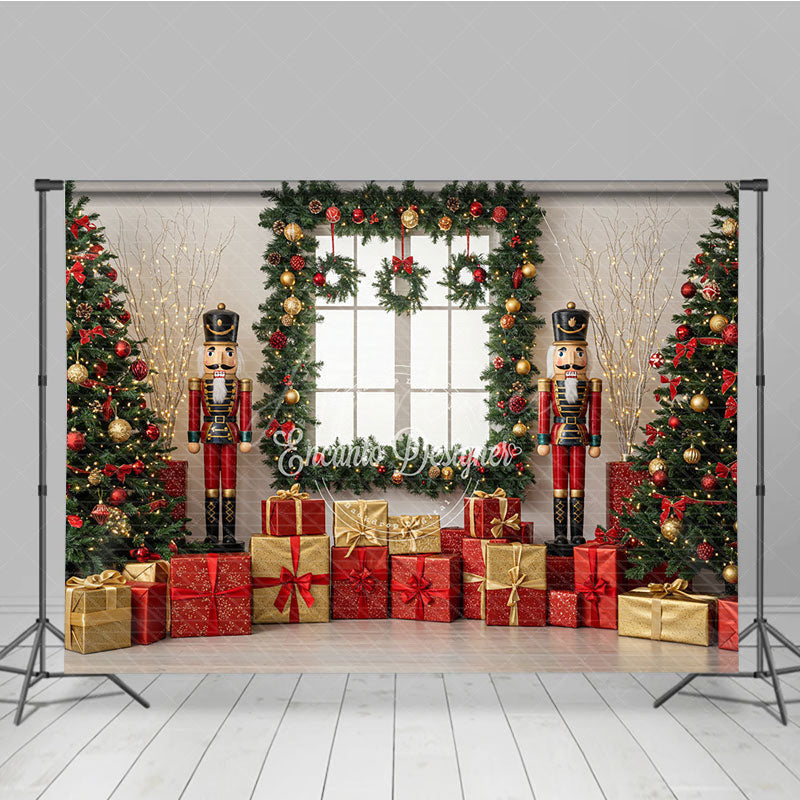 Aperturee - Aperturee Christmas Nutcracker Photography Backdrop Toy Soldiers with Trees and Presents Holiday Mini Session Background
