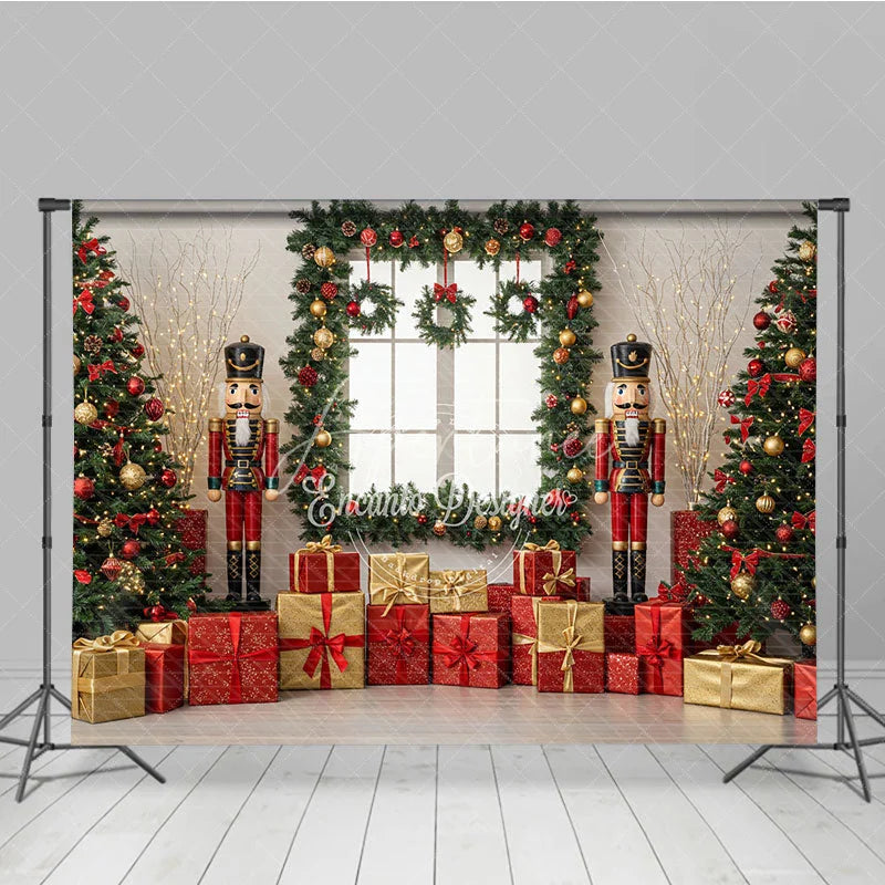 Aperturee - Aperturee Christmas Nutcracker Photography Backdrop Toy Soldiers with Trees and Presents Holiday Mini Session Background