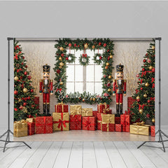 Aperturee - Aperturee Christmas Nutcracker Photography Backdrop Toy Soldiers with Trees and Presents Holiday Mini Session Background