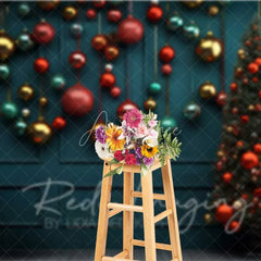 Aperturee - Aperturee Christmas Ornaments Backdrop Dark Teal Wall Hanging Red Gold Baubles Tree Photo Background