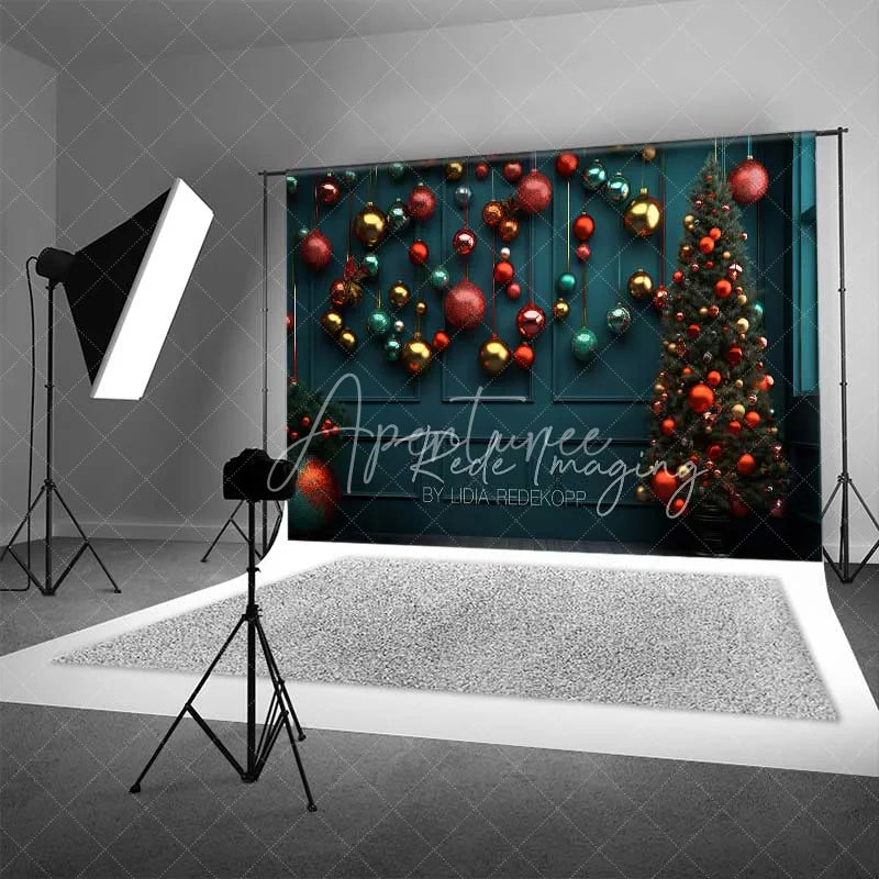 Aperturee - Aperturee Christmas Ornaments Backdrop Dark Teal Wall Hanging Red Gold Baubles Tree Photo Background