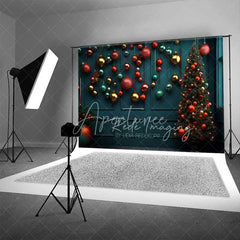 Aperturee - Aperturee Christmas Ornaments Backdrop Dark Teal Wall Hanging Red Gold Baubles Tree Photo Background