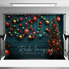 Aperturee - Aperturee Christmas Ornaments Backdrop Dark Teal Wall Hanging Red Gold Baubles Tree Photo Background