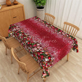 Aperturee - Aperturee Christmas Ornaments Rectangle Tablecloth Red Glitter with Floral Border Elegant Holiday Table Cover