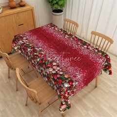 Aperturee - Aperturee Christmas Ornaments Rectangle Tablecloth Red Glitter with Floral Border Elegant Holiday Table Cover