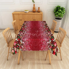 Aperturee - Aperturee Christmas Ornaments Rectangle Tablecloth Red Glitter with Floral Border Elegant Holiday Table Cover