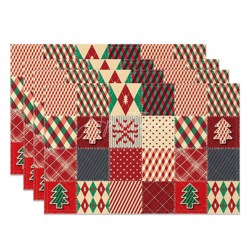 Aperturee - Aperturee Christmas Patchwork Set of 4 Placemats Red Green Quilt Pattern Rustic Farmhouse Holiday Table Mats