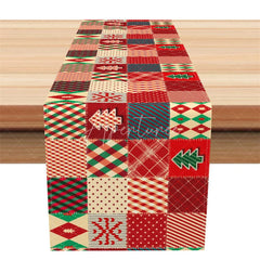 Aperturee - Aperturee Christmas Patchwork Table Runner Red Green Quilt Pattern Rustic Farmhouse Holiday Table Decor