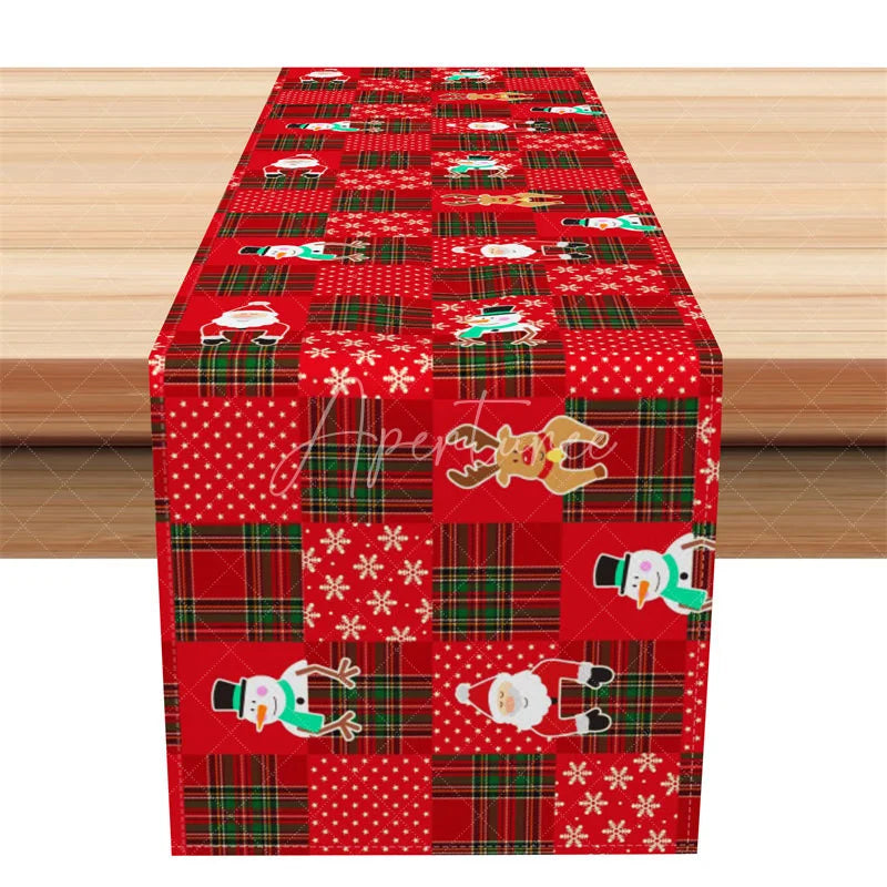 Aperturee - Aperturee Christmas Patchwork Table Runner Red Plaid with Santa Reindeer Snowman Holiday Table Decor