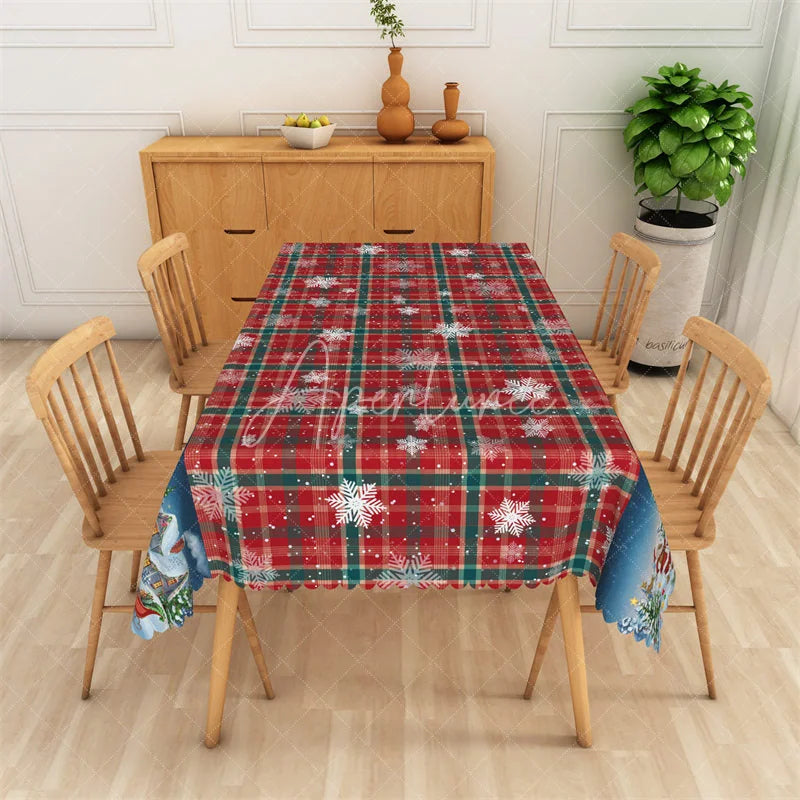 Aperturee - Aperturee Christmas Plaid Rectangle Tablecloth Red Green Tartan with Snowman Snowflake Holiday Table Cover