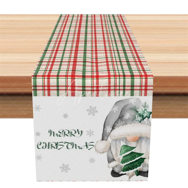 Aperturee - Aperturee Christmas Plaid Table Runner Red Green Tartan with Snowman Merry Christmas Holiday Table Decor